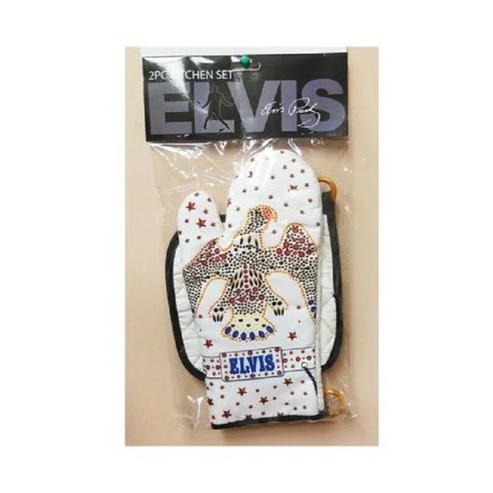 New White Oven Mitt & Potholder Set Elvis Presley Kitchen Jumpsuit Eagle Concert